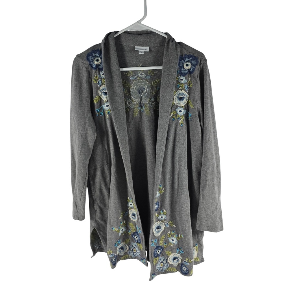 J Jill Womens Small Petite Grey Floral Embroidered Cotton Open Front Cardigan